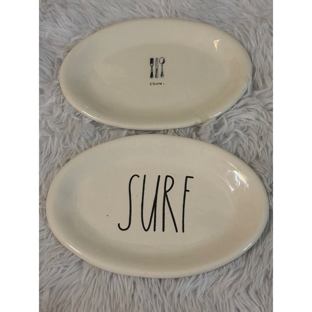 Rae Dunn Artisan Collection SURF Chow Oval Ceramic Plates Set of 2 Ivory Magenta